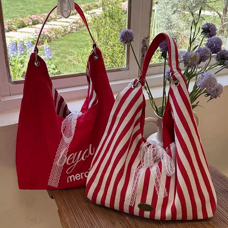 Sac hobo en toile à rayures pour femmes, avec nœud en dentelle, réversible, grand sac fourre-tout à 