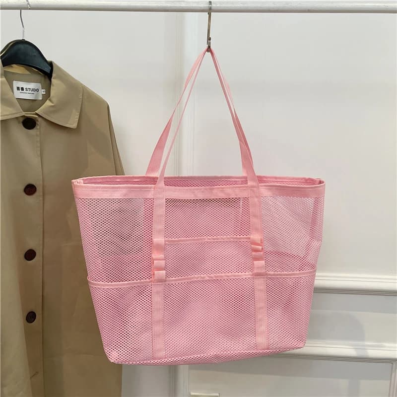 Sac de plage en maille Portable pour femmes, sac de lavage de rangement de voyage de maquillage, sac