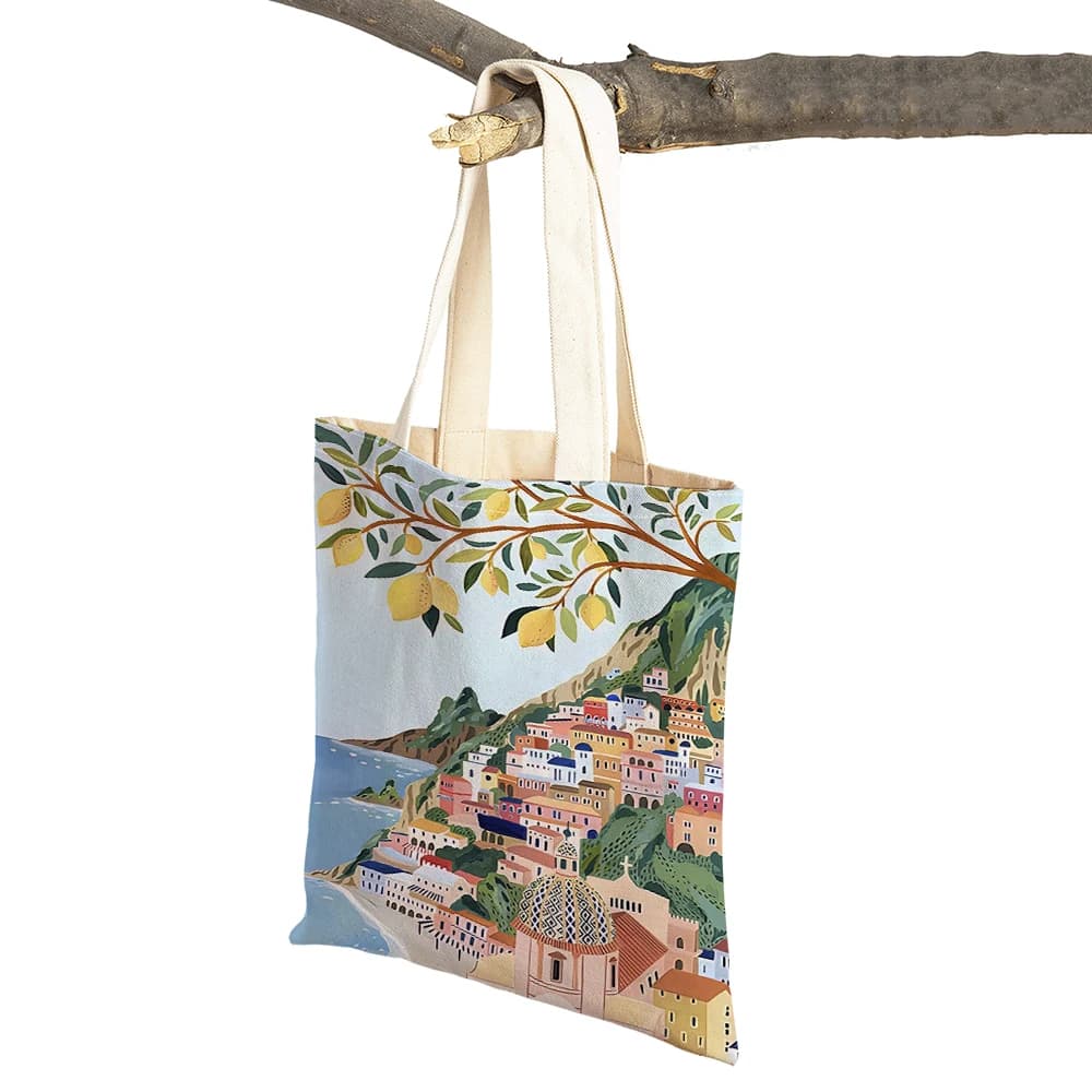 Sac de shopping paysage vintage pour femme, double impression, sacs à main en lin, fourre-tout initi