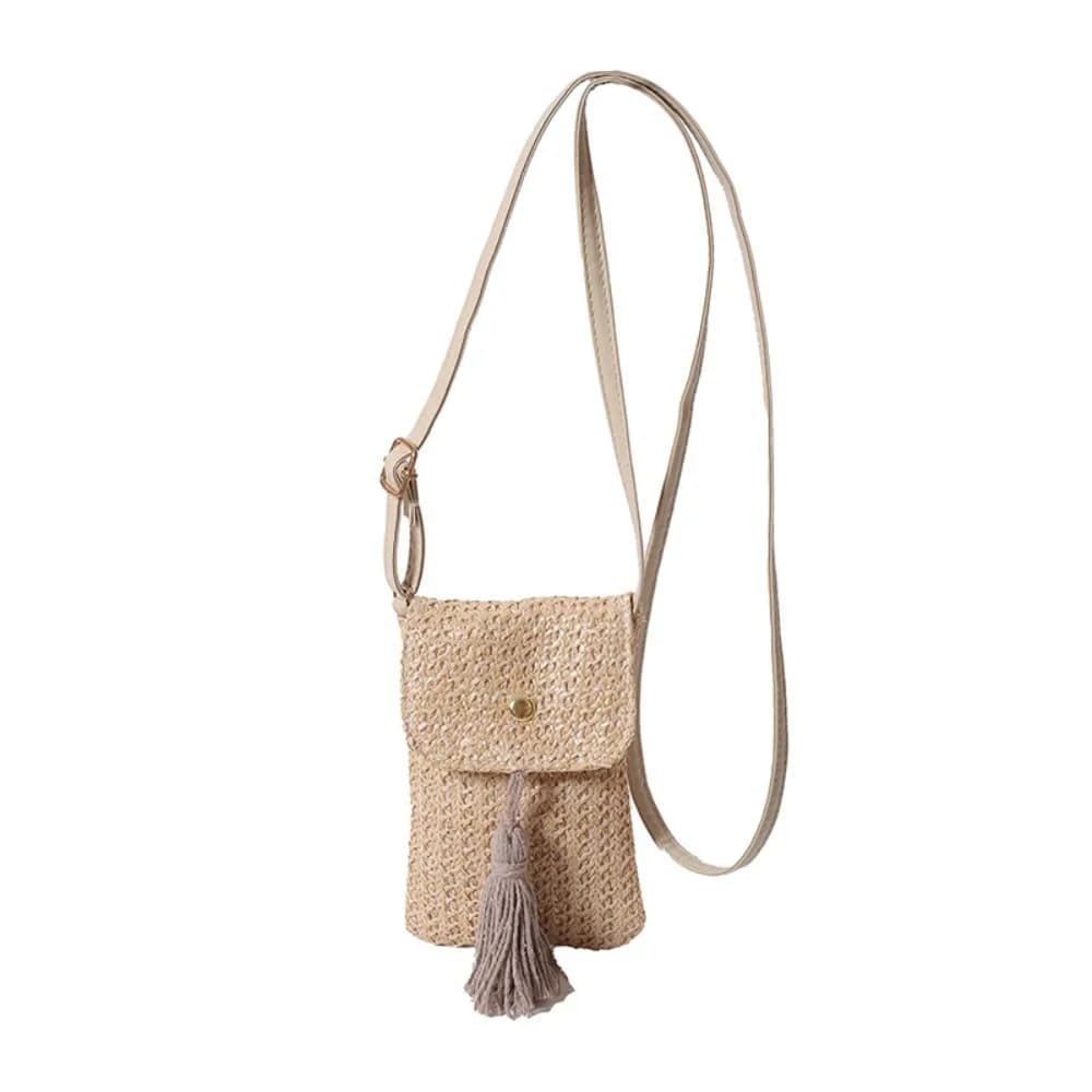 Sac à bandoulière en paille tressée avec longue pampille, style coréen, pochette pour téléphone, cou