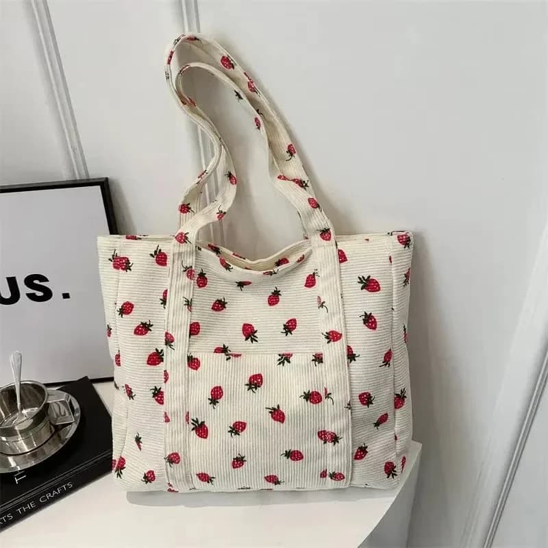 Sac à main en velours côtelé, imprimé fraise, sac de plage, sac fourre-tout tendance de grande capac