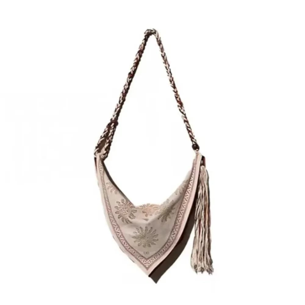 Sac à bandoulière triangulaire bohème tendance en lin imprimé, sac à main rétro avec détail pompon, 