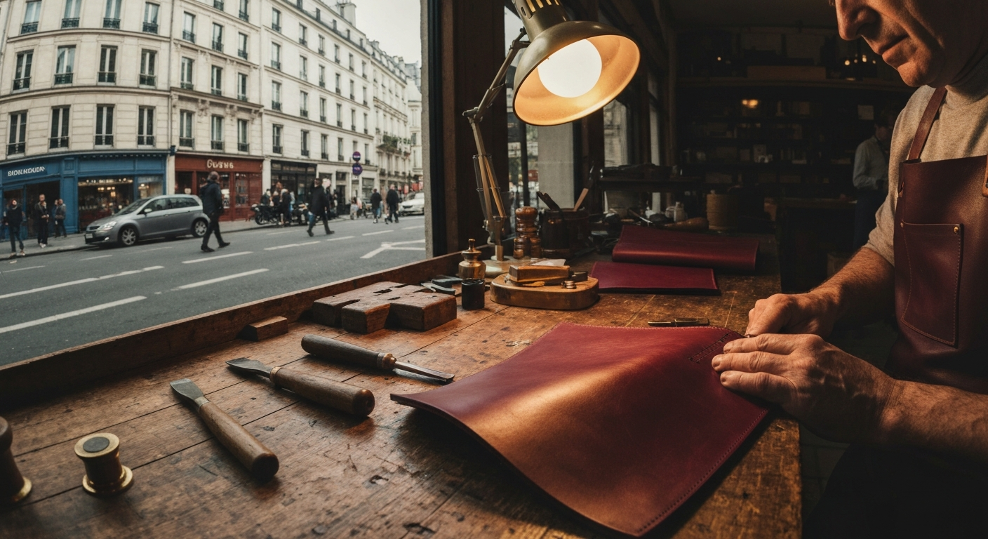 Atelier — mains d’artisan, point sellier sur cuir burgundy, lampe tungstène