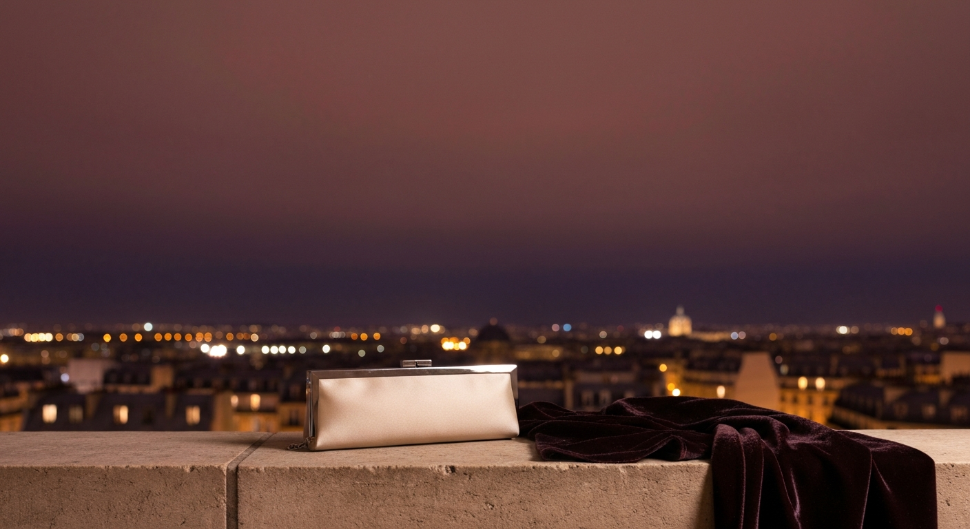 Pochette satin chrome sur balcon parisien la nuit
