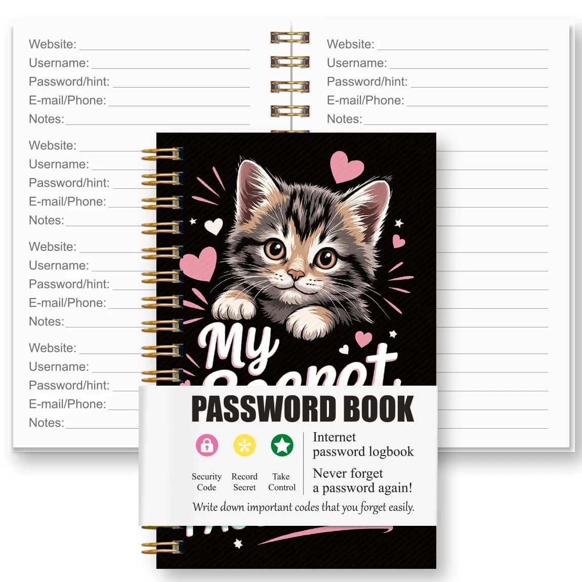Mini carnet de mots de passe avec couverture chat mignon, carnet de mots de passe à spirale, 180 pag