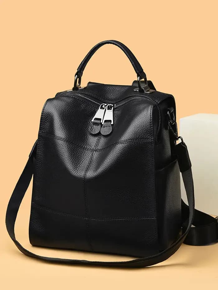Sac à dos pour femme en cuir véritable grain litchi, fermeture éclair de haute qualité, design simpl