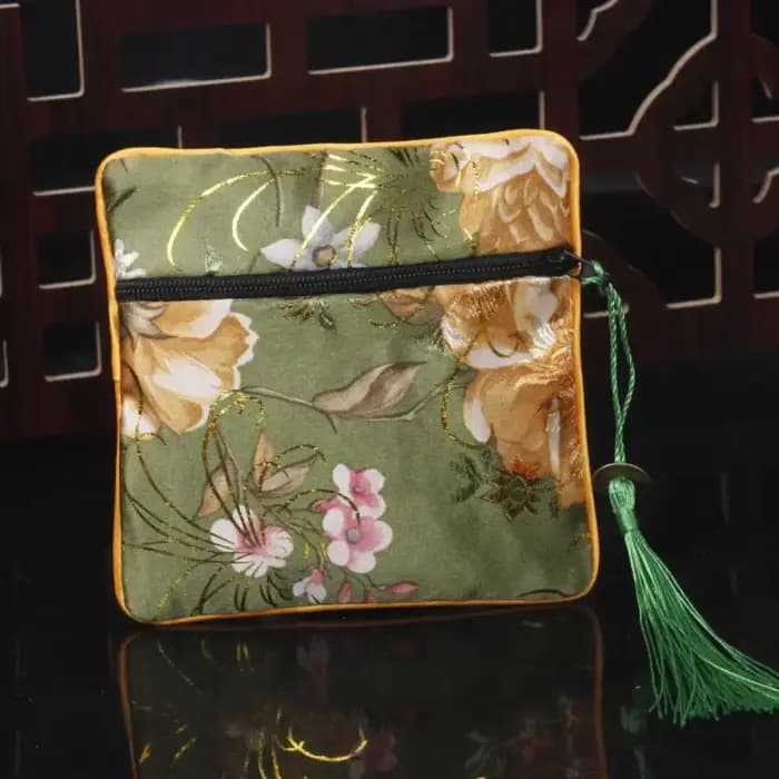 Pochette à monnaie brodée en tissu, motif floral, avec pendentif en cuivre, sac de rangement pour bi