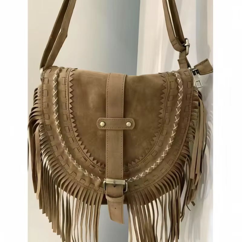 Sac à bandoulière en faux daim, sac à pompon, sac de selle rétro adapté aux dames et aux filles, sac