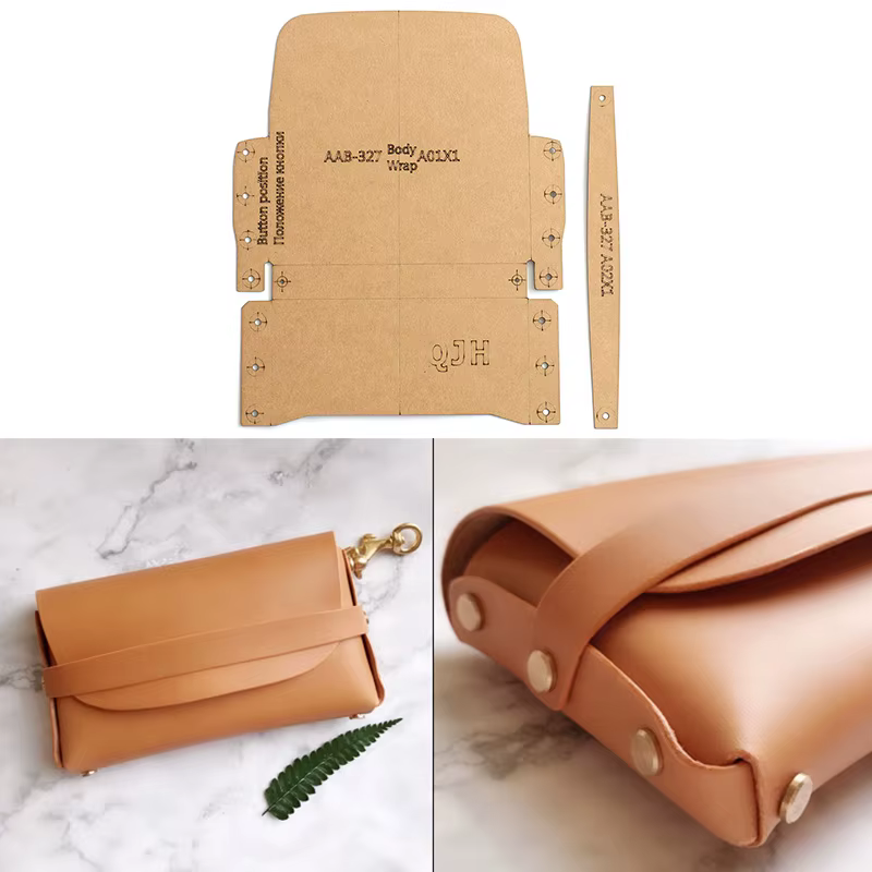 Pochette artisanale en cuir pour femme, motif de couture, modèle de galets en papier kraft dur, port