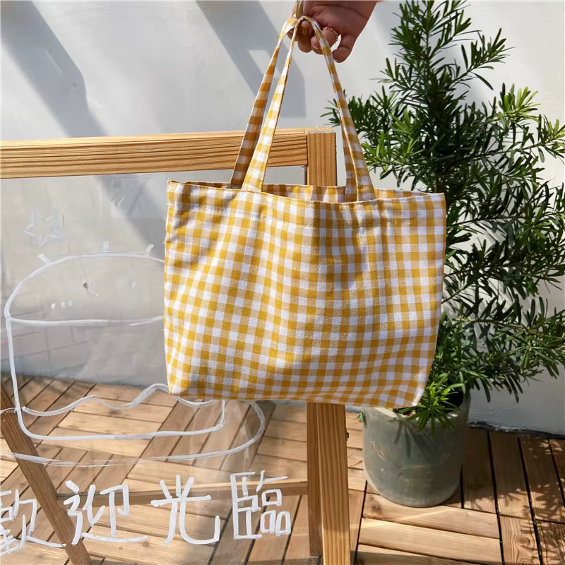 Sac à déjeuner Bento Portable en coton pour femmes, petits sacs à main Vintage en toile à carreaux p