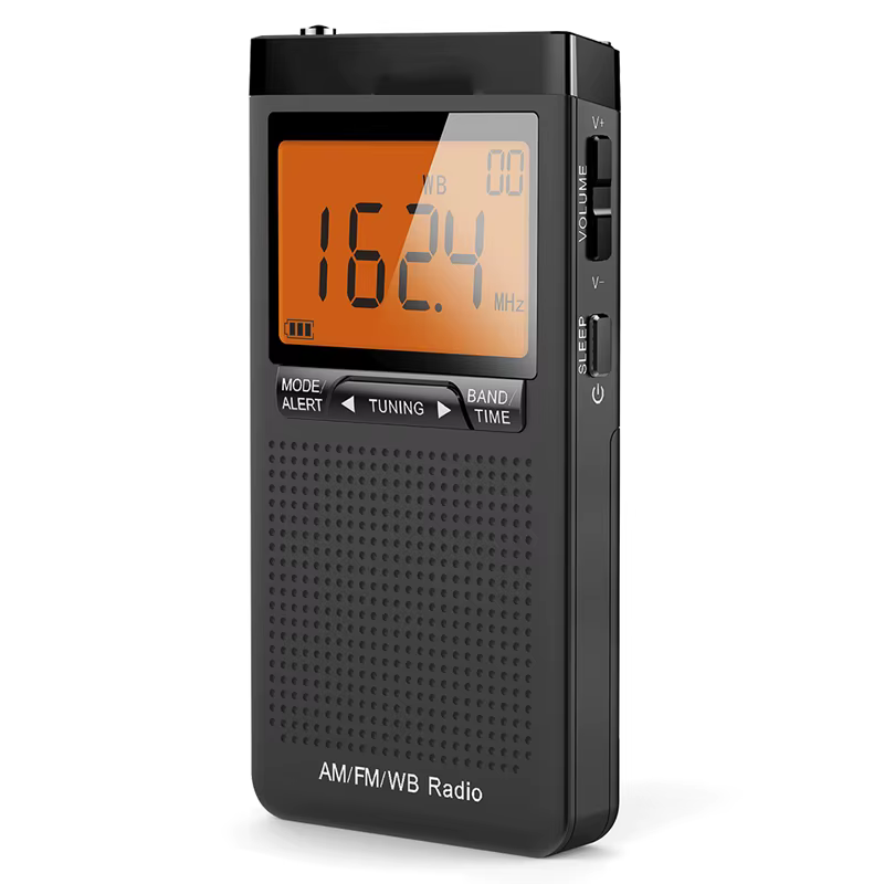 Mini Radio météo Portable AM FM NOAA, Mini Radio de poche, excellente réception, grand écran LCD, ré