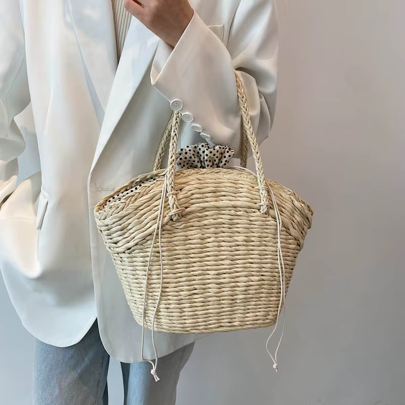 Sac de plage en paille d'été pour femmes, fourre-tout tissé à la main, en rotin, style bohème décont