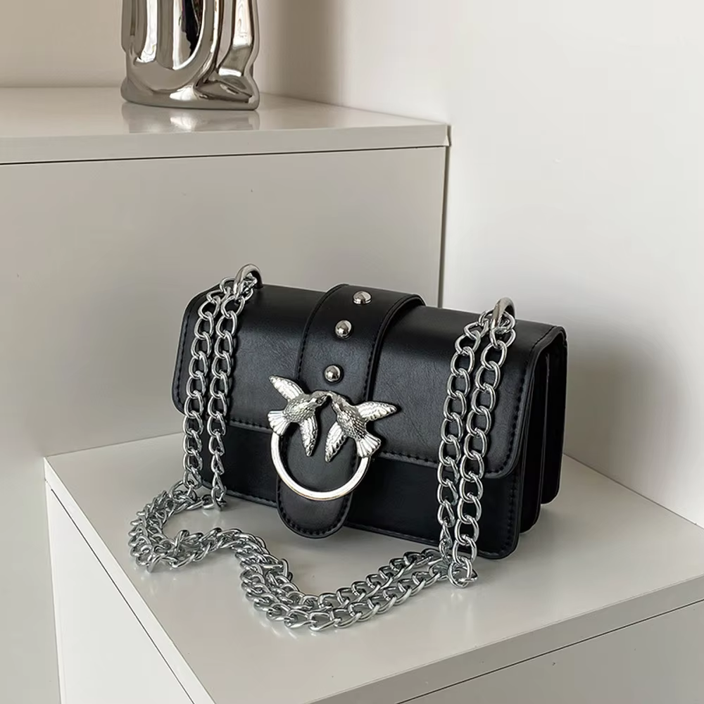 Sac à bandoulière double chaîne pour femme, sac à rabat rétro en cuir PU, sac à main décontracté pou