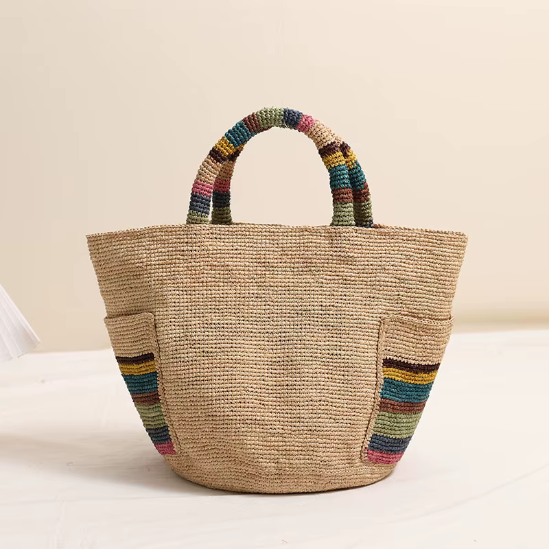 Lafite herbe sac tissé en paille à main nouvelle couleur extérieure femmes bord de mer vacances sac 