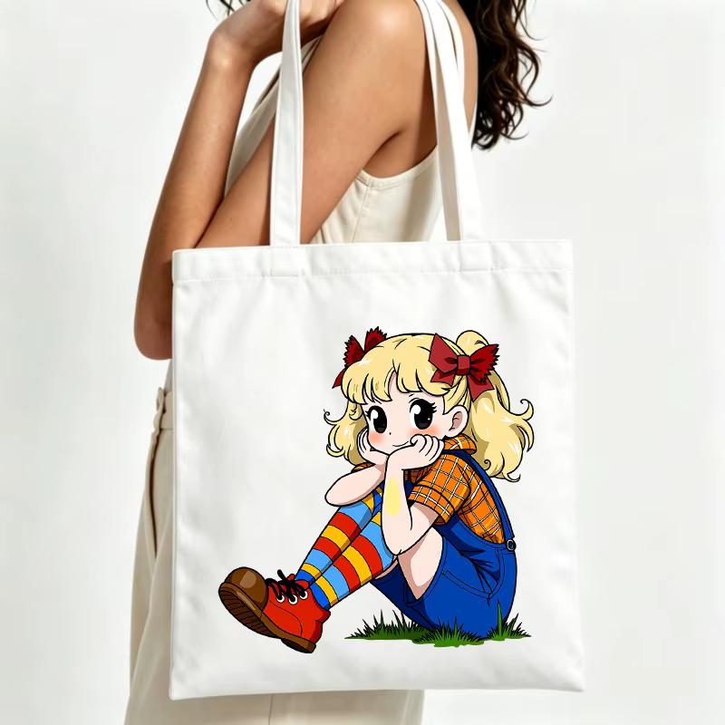 Sac fourre-tout en toile avec motif de fille de dessin animé, style décontracté pour les courses quo
