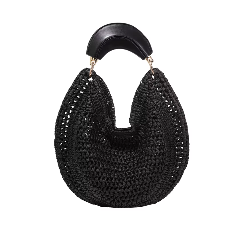 Sac fourre-tout hobo en paille tressée à la main pour femme, style bohème d'été, en forme de croissa