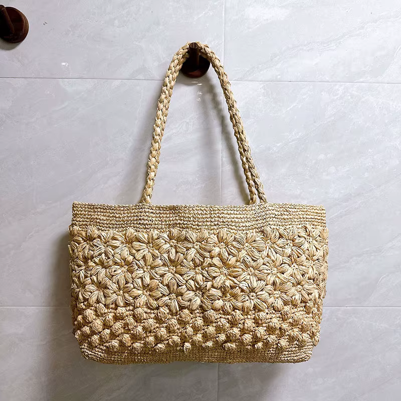 Sac fourre-tout bohème en raphia tressé, sac de plage au crochet fleuri pour femme, sac à bandoulièr