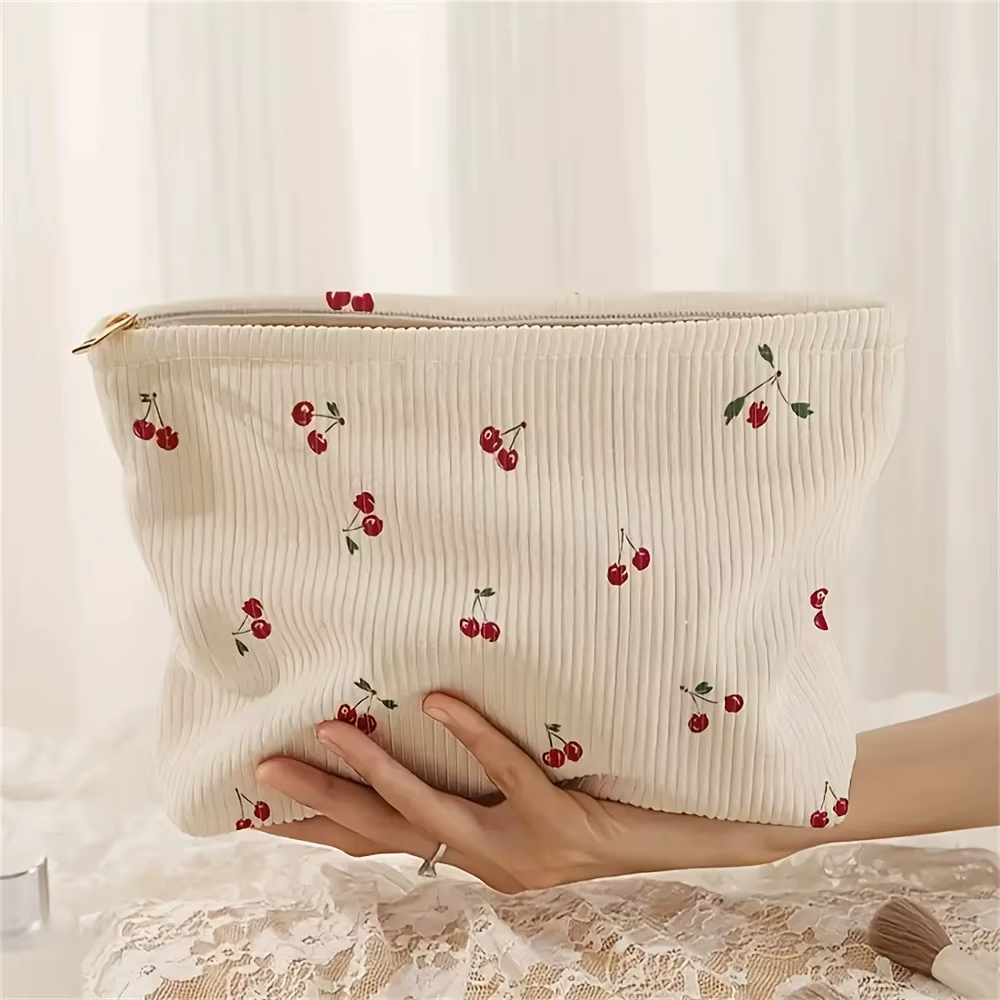 Pochette décontractée en velours côtelé imprimé cerise, sac de maquillage, sac à main multifonctionn