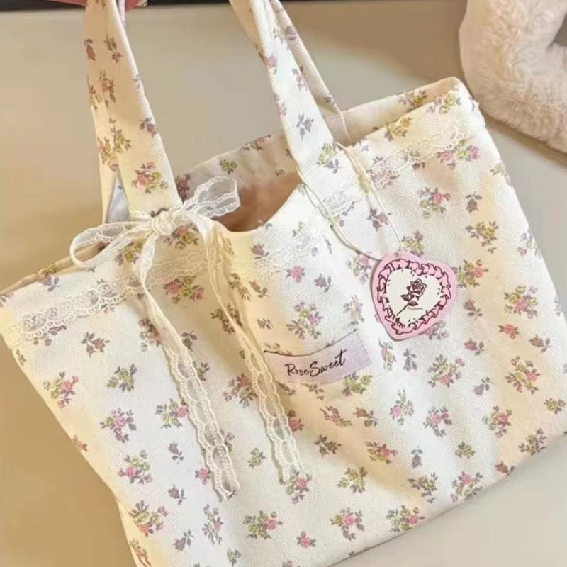 Sac fourre-tout imprimé de grande capacité avec nœud en dentelle, sacs à main de rangement, sac à ma