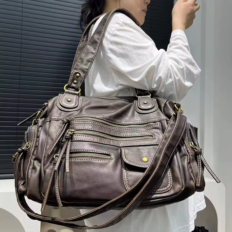 Sac fourre-tout Y2K tendance pour femme, style punk motard, grande capacité, en cuir PU, sac bandoul