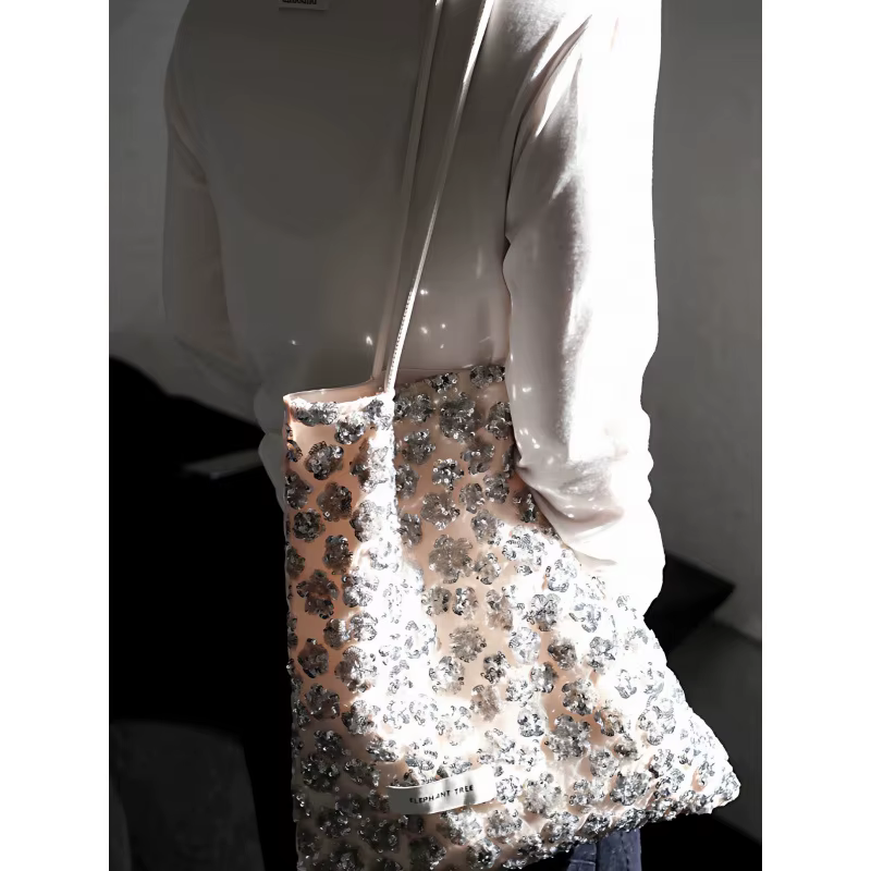 Sac à bandoulière en toile à fleurs en sequins argentés, polyvalent, grande capacité, pour femme, no