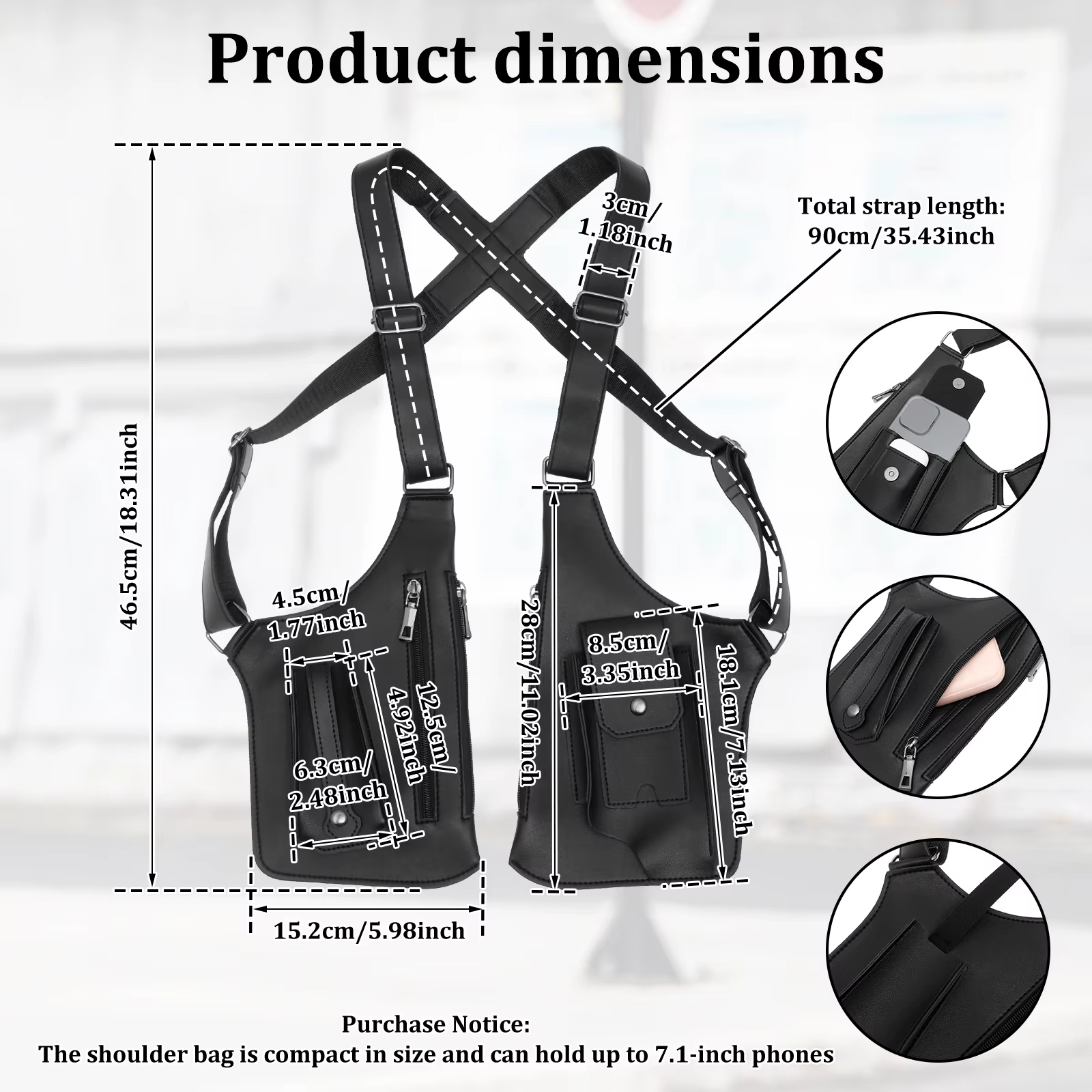 Sac antivol sous les bras PU Double bandoulière multi-poches extérieur antivol sac de pêche tactique