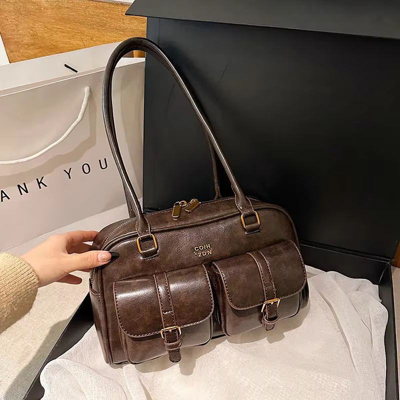 Sac à bandoulière multi-poches pour femme, marron café, avec embellissements en lettres, adapté aux 