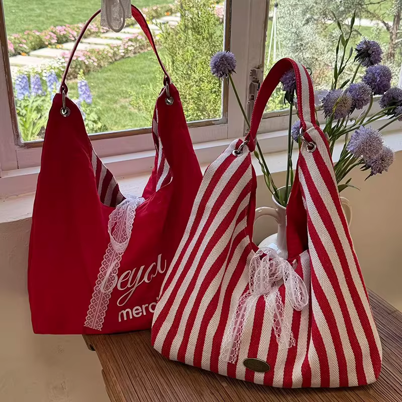 Sac hobo en toile à rayures pour femmes, avec nœud en dentelle, réversible, grand sac fourre-tout à 