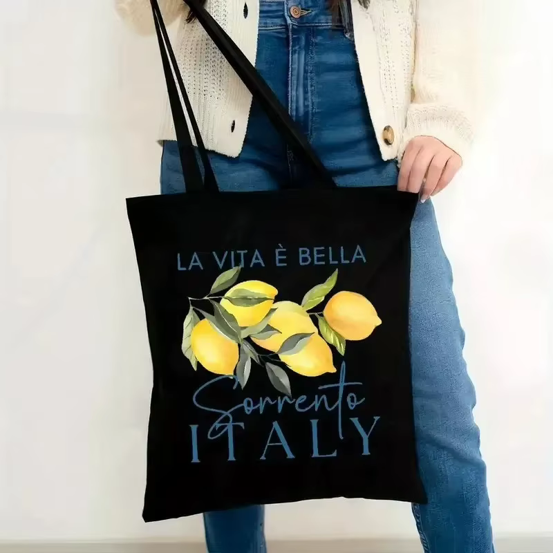 Sac fourre-tout en toile La Dolce Vita au citron, style été italien, sac de shopping avec motif feui