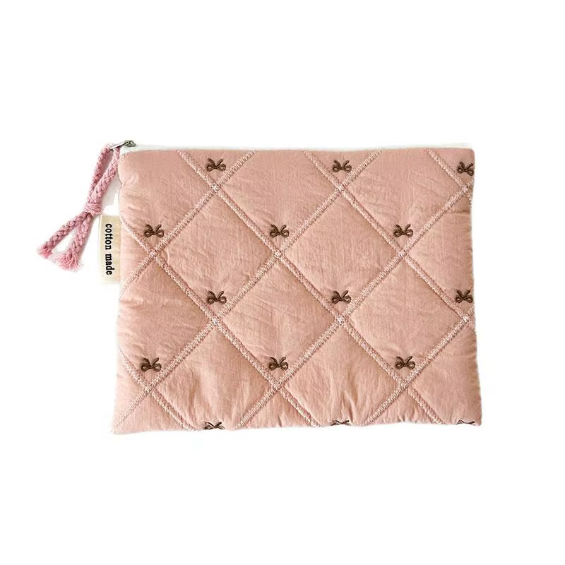 Pochette à cosmétiques matelassée avec nœud brodé, grande capacité, sac à papeterie multifonctionnel