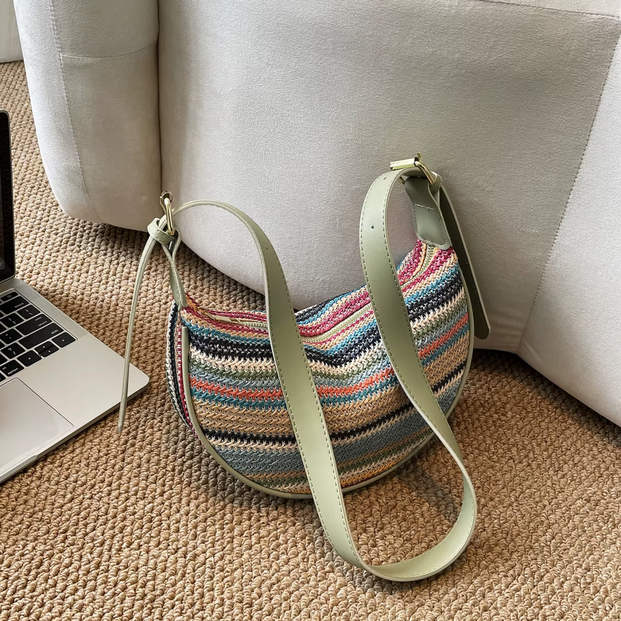 Sac Hobo Bohème pour Femme, Sac Bandoulière Tissé à Rayures, Sangle Réglable, Sac à Épaule Multifonc