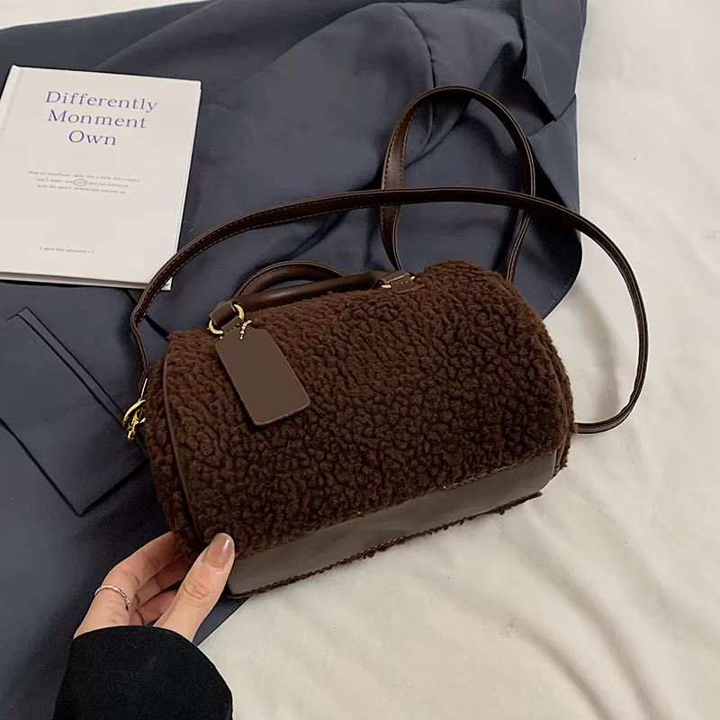 Sac à Main en Fausse Fourrure Beige pour Femme, Chaud, Moelleux, Laine d'Agneau, Initié, Polyvalent,