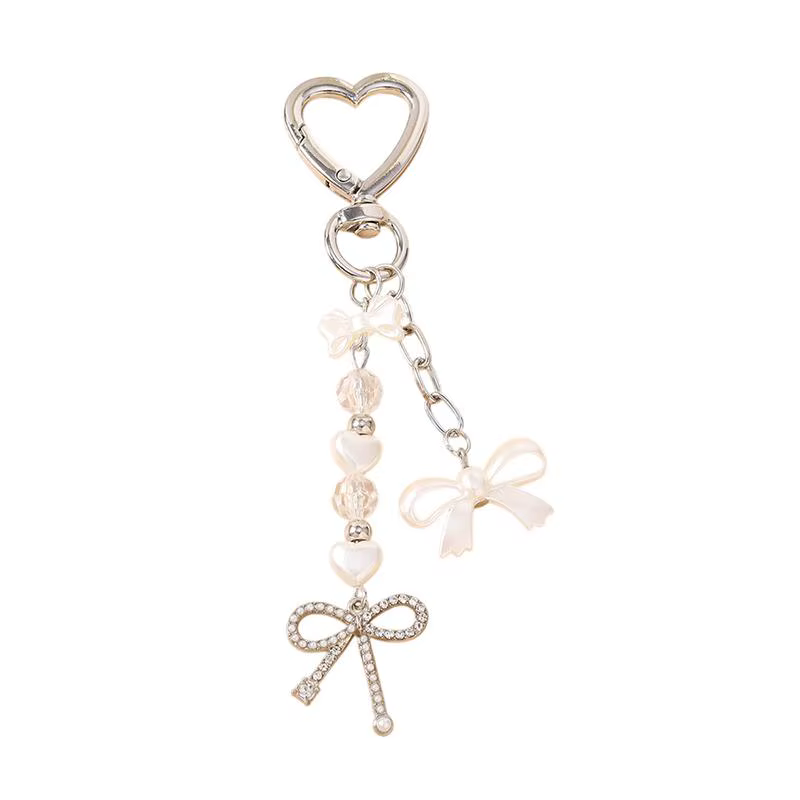 Porte-clés Cœur Nœud Papillon pour Femmes et Filles, Pendentif en Cristal et Perle, Accessoire Migno