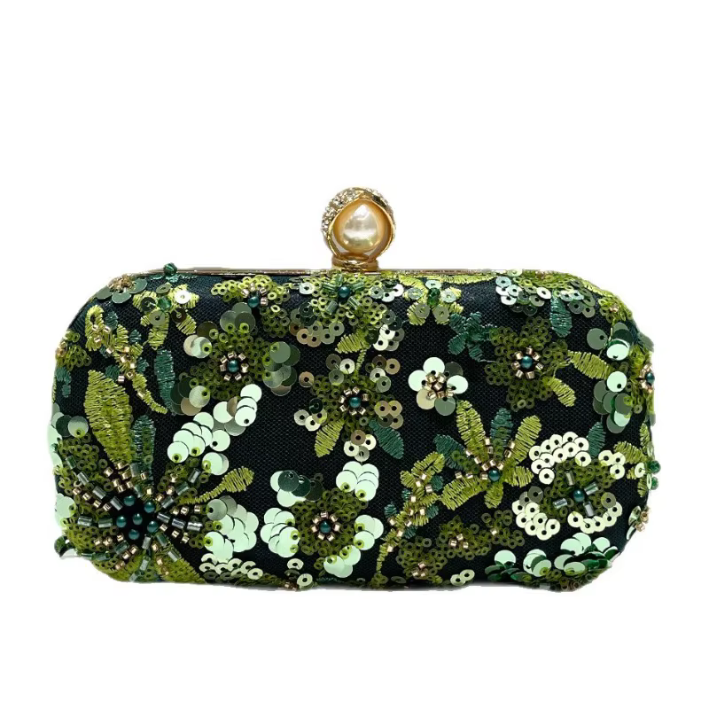 Pochette vert olive pour femme, élégante, brodée de paillettes et de perles, sac de soirée, sac de f