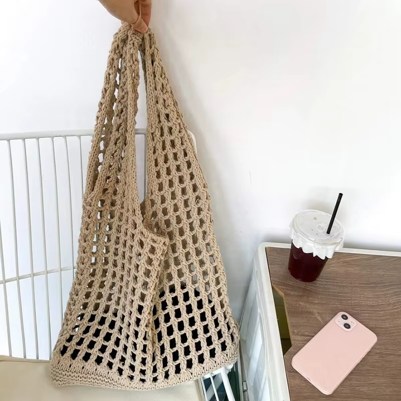 Sac fourre-tout en crochet pour femme, sac à main bohème, tricot tissé, sac initié, mode esthétique,