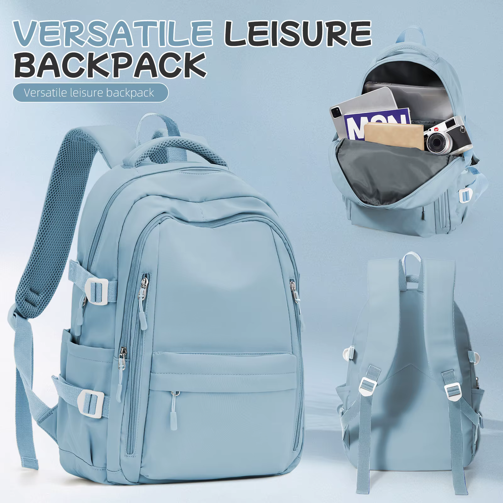 Sac à dos de voyage décontracté antivol pour femme, design multi-poches en bleu clair durable pour l