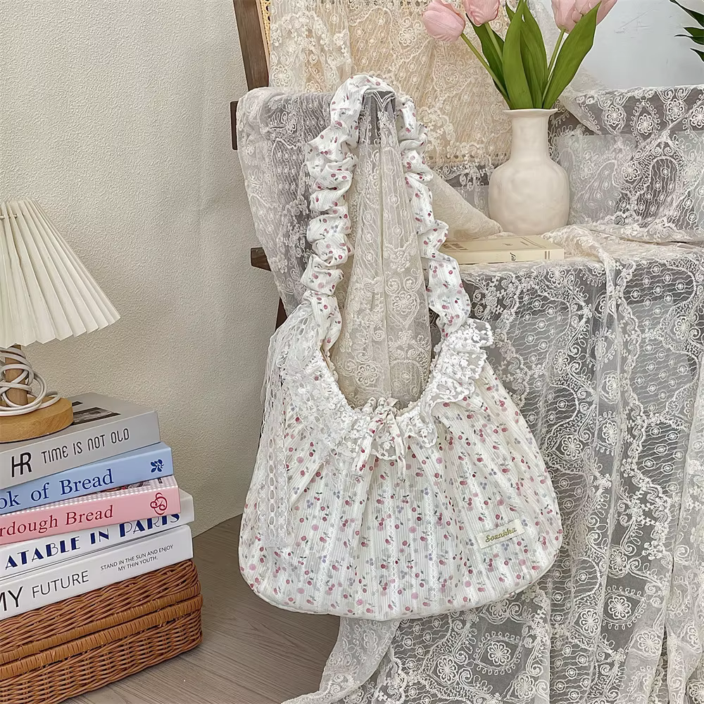 Sac à main élégant en dentelle fraîche, sac sous les bras avec nœud papillon, sac à bandoulière plis