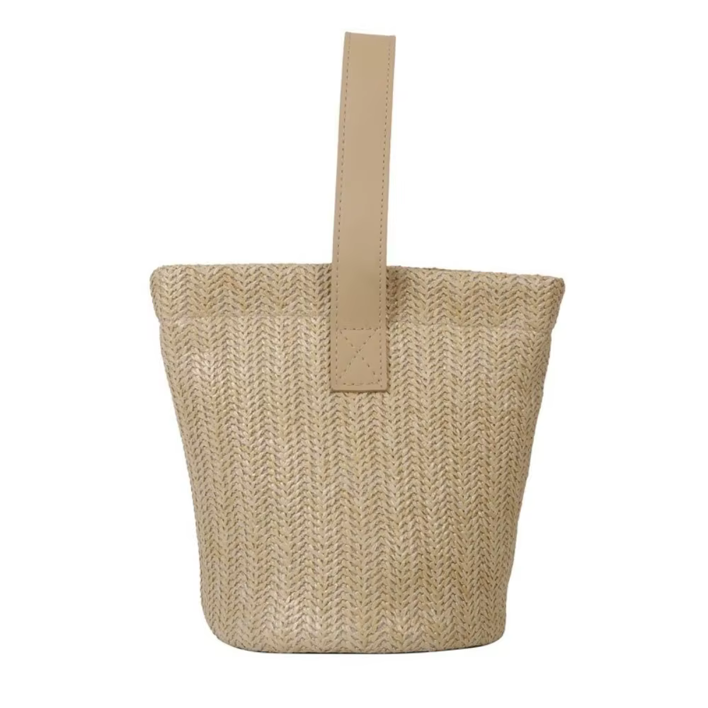 Sac seau décontracté en paille PU, couleur unie, style coréen, sac à main tissé, sac fourre-tout à f