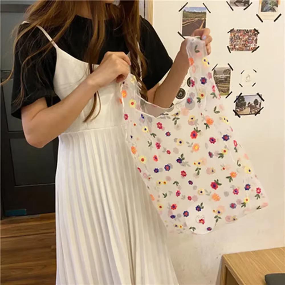 Sac à provisions pliable et réutilisable pour femme, sac à main brodé de fleurs, sac fourre-tout d'é