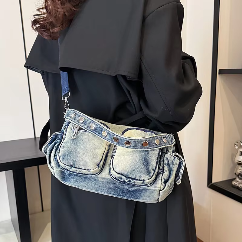 Denim Vintage bandoulière sac à bandoulière mode rétro jean fourre-tout sacs grande capacité plusieu