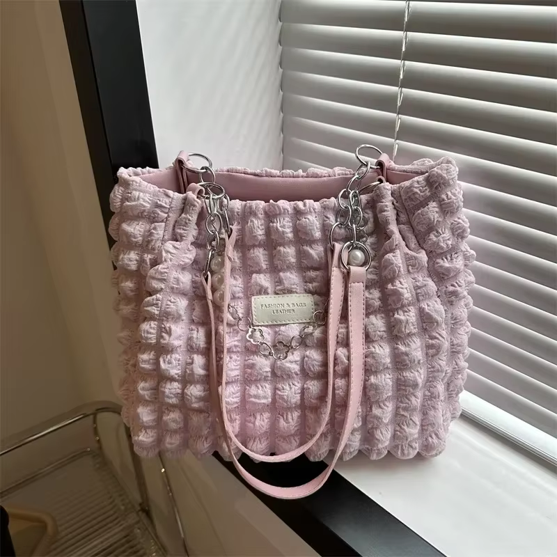 Sac fourre-tout de grande capacité pour femmes, fourre-tout à carreaux avec chaîne perlée, sacs à ba