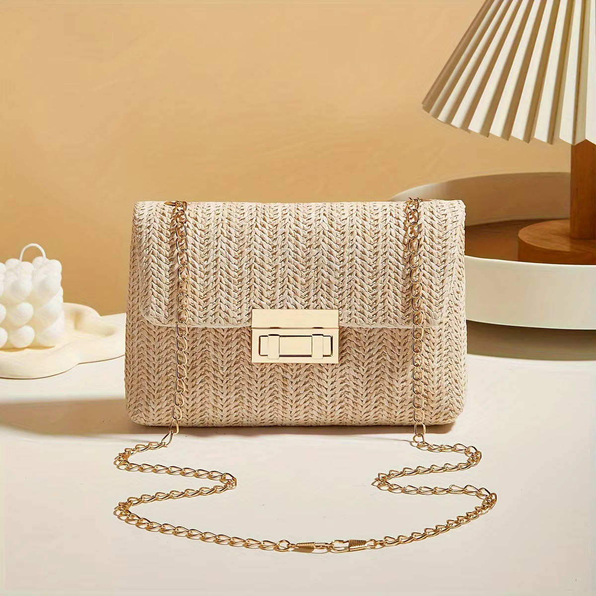 Sac à bandoulière tissé à la main en paille pour femmes, sac à main à bandoulière de couleur unie av
