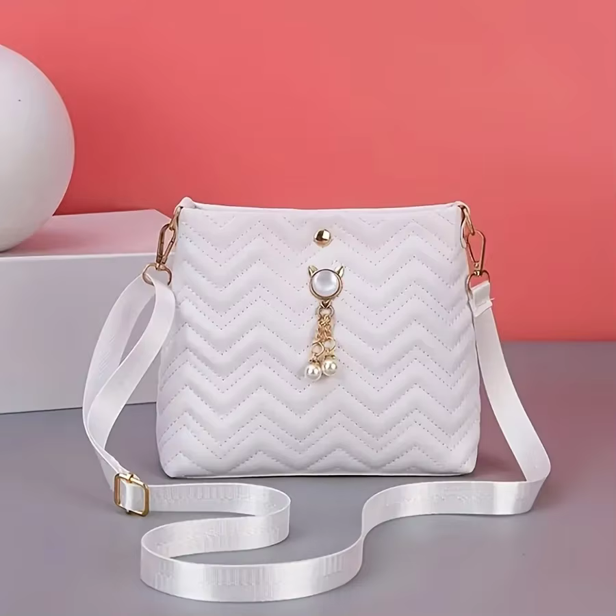 Sac à bandoulière matelassé pour femme avec pendentif en perles de chat – Sac à main élégant pour ca