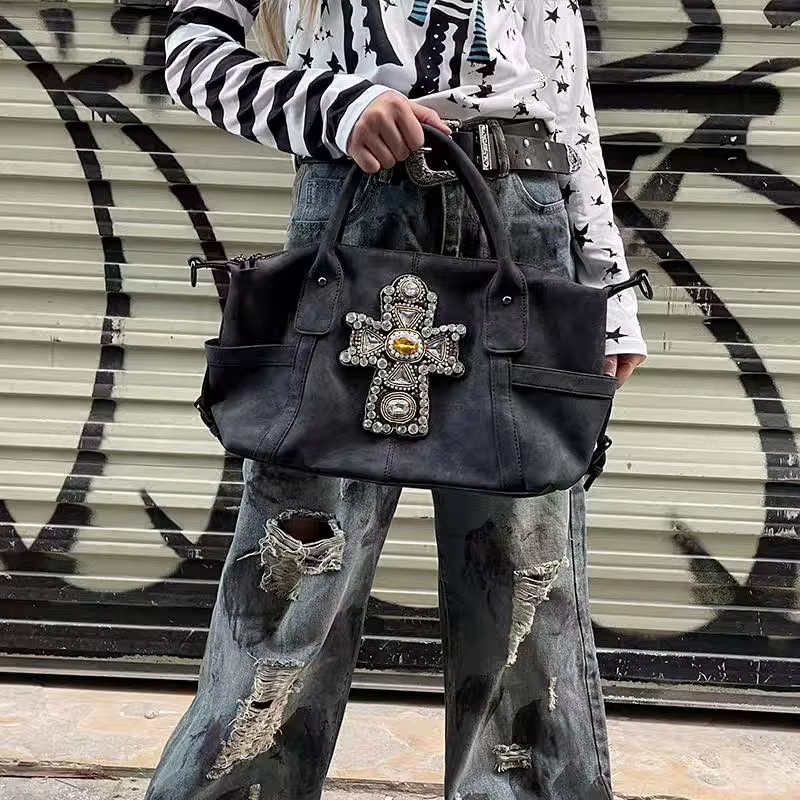 JIAERDI Vintage sous-culture croix fourre-tout sac à bandoulière femmes filles chaudes grande capaci
