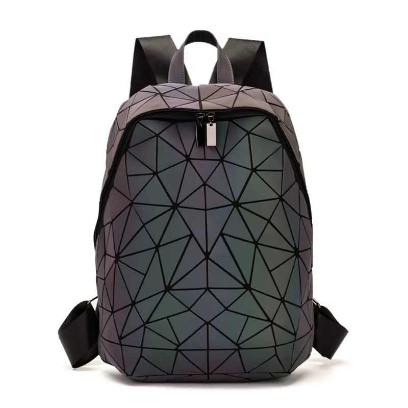 Sac à dos lumineux pour femmes, sac à dos pliant en losange géométrique holographique, cartable pour