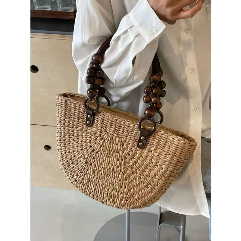 Sac tissé à la main avec poignée en perles de bois, sac fourre-tout grande capacité pour femme, sac 