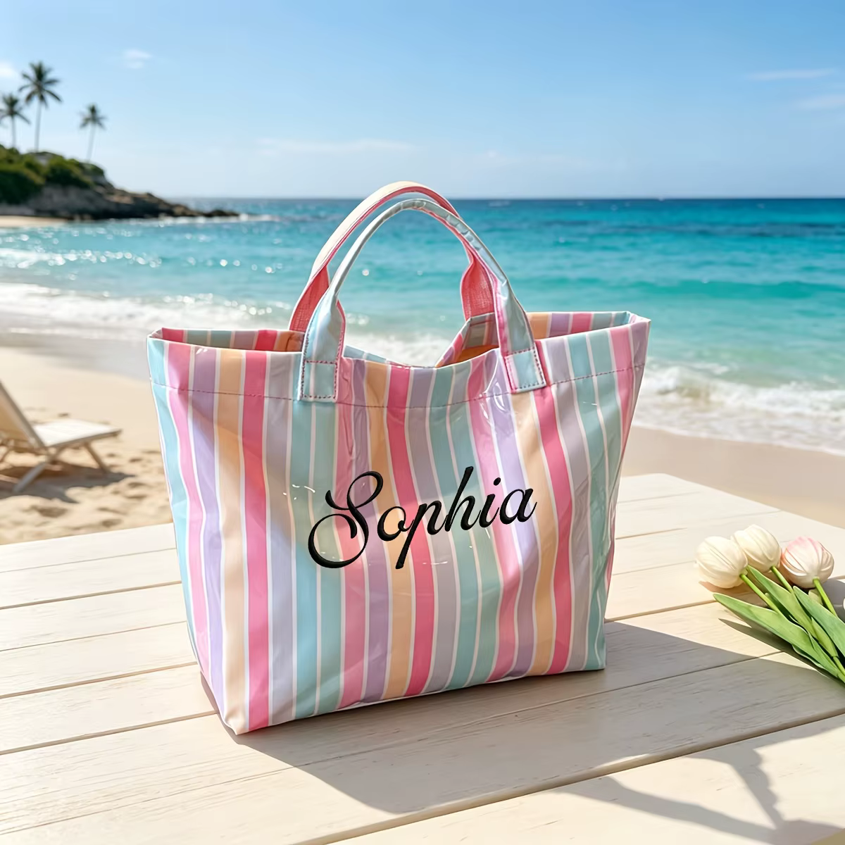 Sac fourre-tout rayé brodé sur mesure, sac de plage imperméable, nom personnalisé, grande capacité, 