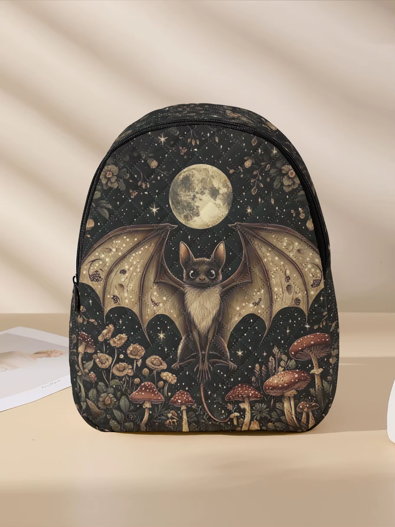 Sac à dos compact matelassé à imprimé floral Bat Moon Mushroom, adapté pour l'extérieur, les voyages