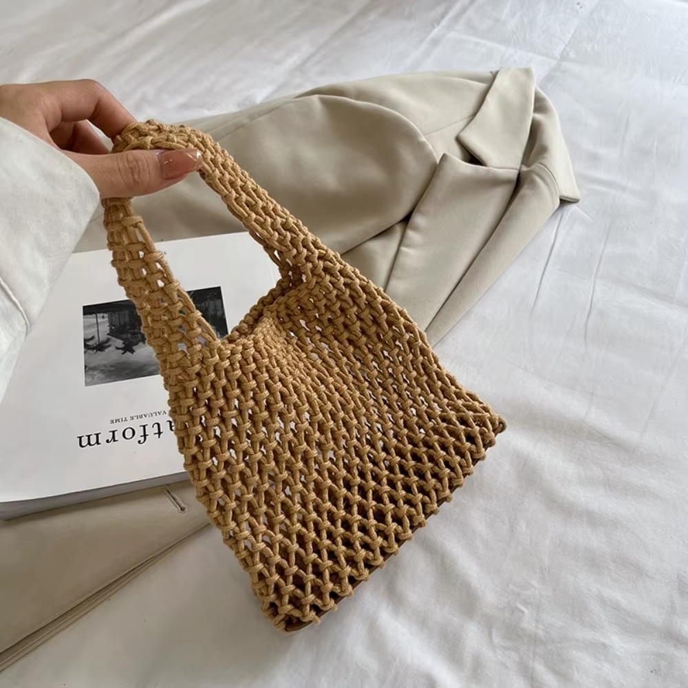 Nouveaux sacs fourre-tout d'été tissés à la main, couleur unie, colorés, en tricot et crochet, sac d