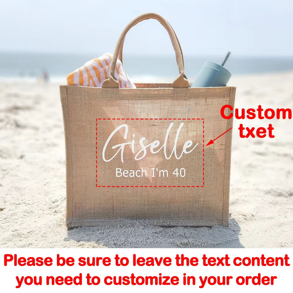 Sac fourre-tout en toile de jute personnalisé avec nom, 1 pièce, pour anniversaire, plage, voyage, f